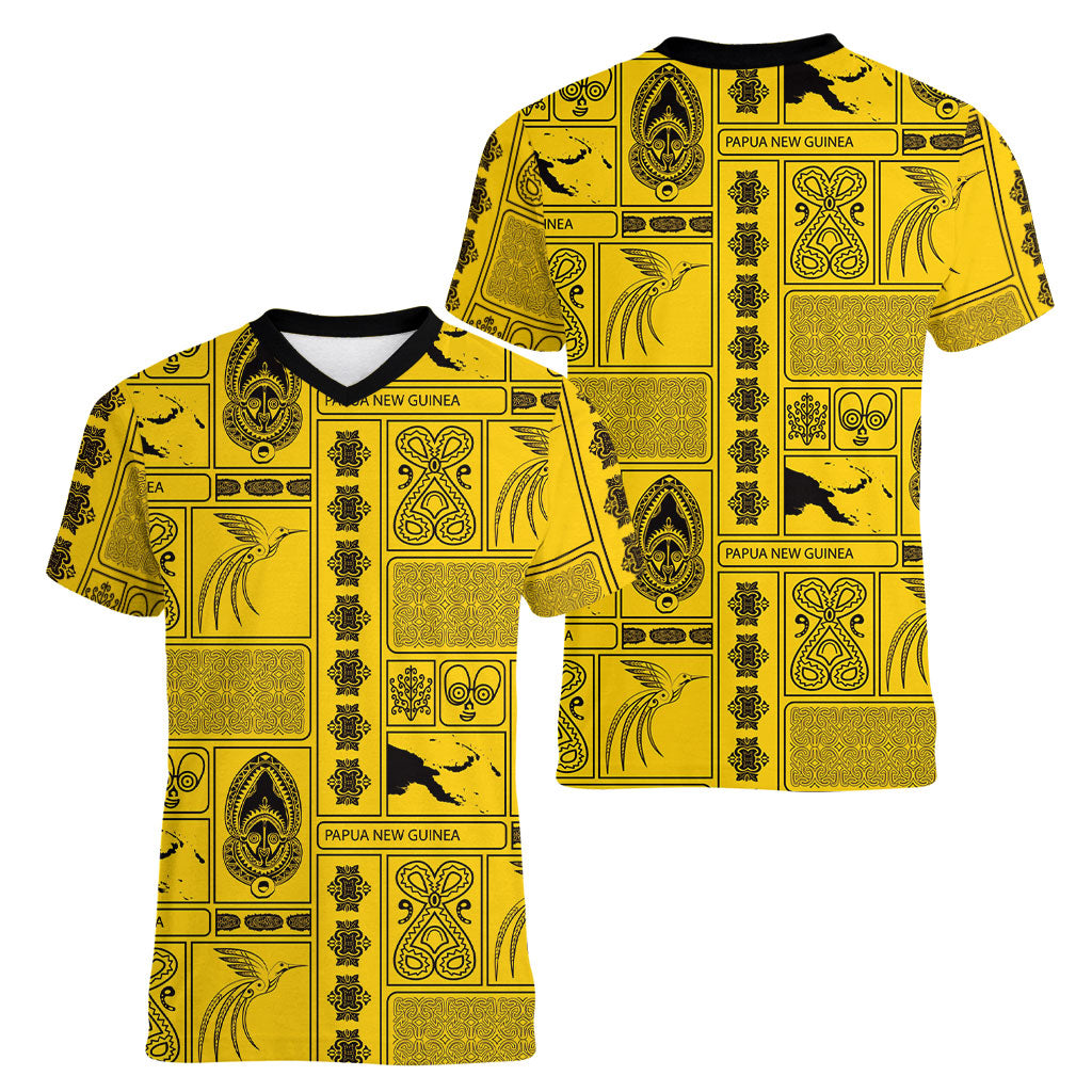 Papua New Guinea Heritage Motif Women V-Neck T-Shirt Yellow Version