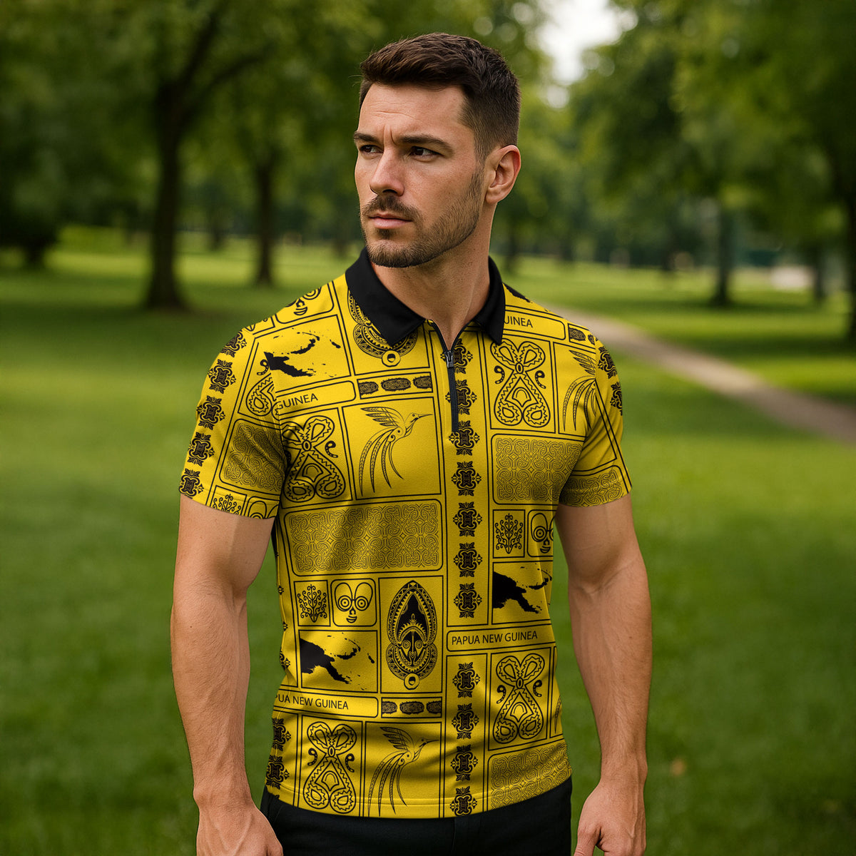 Papua New Guinea Heritage Motif Zipper Polo Shirt Yellow Version