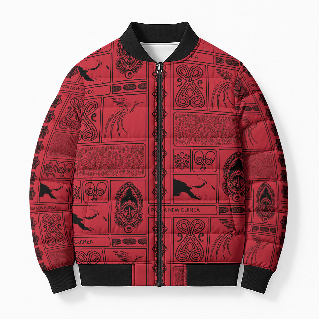 Papua New Guinea Heritage Motif Bomber Puffer Jacket Red Version