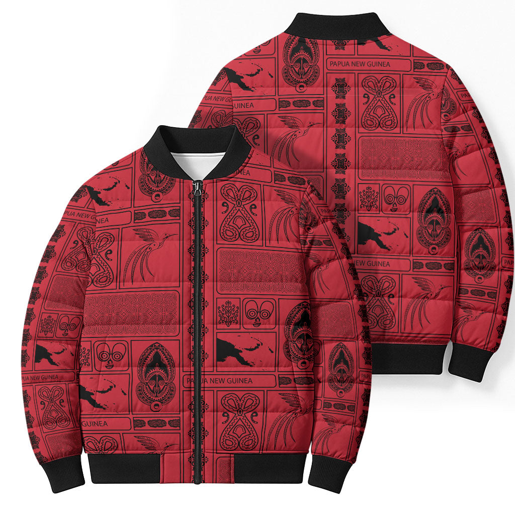Papua New Guinea Heritage Motif Bomber Puffer Jacket Red Version