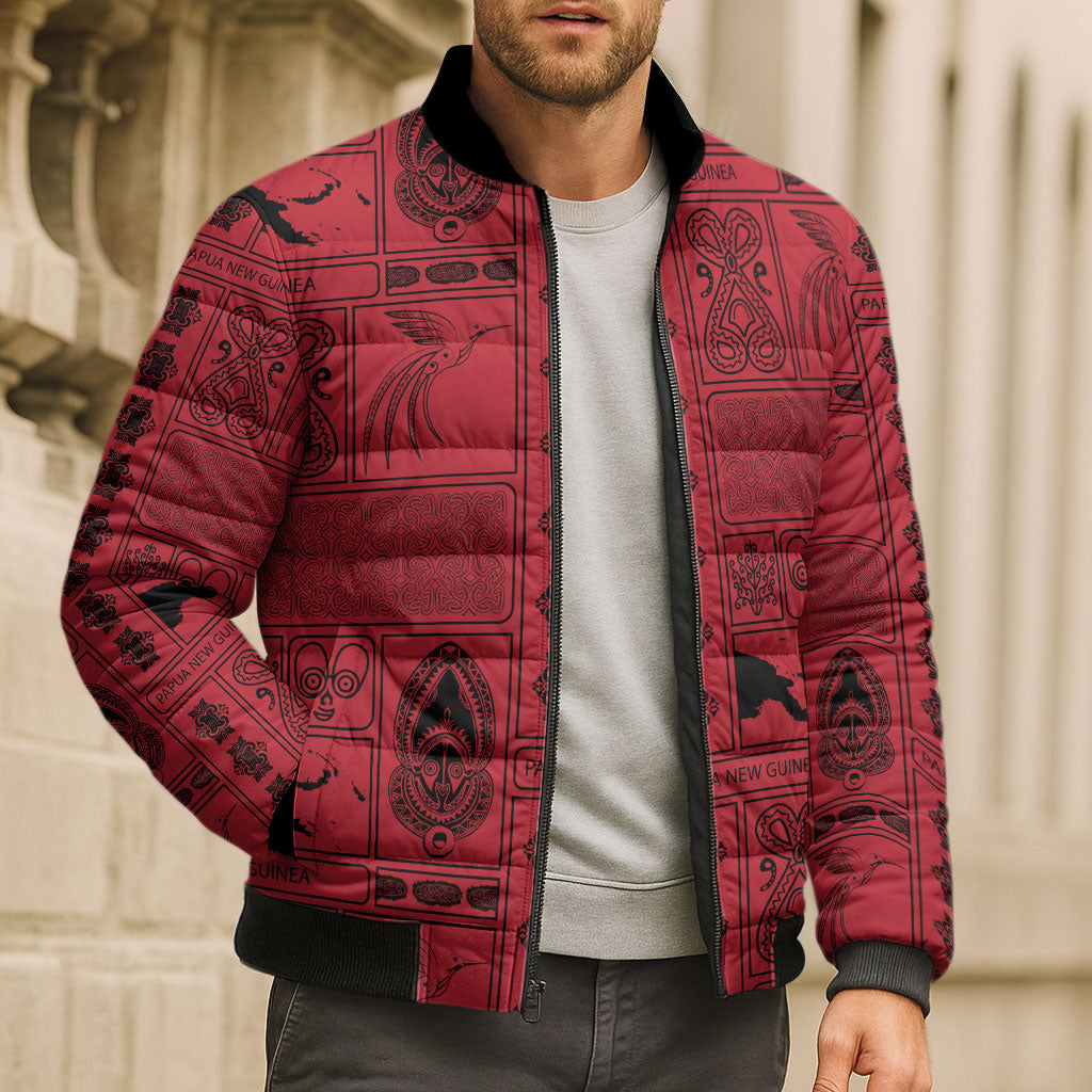Papua New Guinea Heritage Motif Bomber Puffer Jacket Red Version