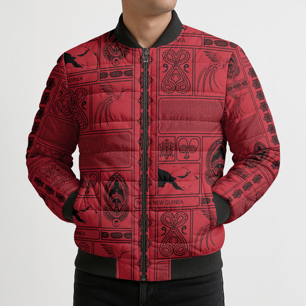 Papua New Guinea Heritage Motif Bomber Puffer Jacket Red Version