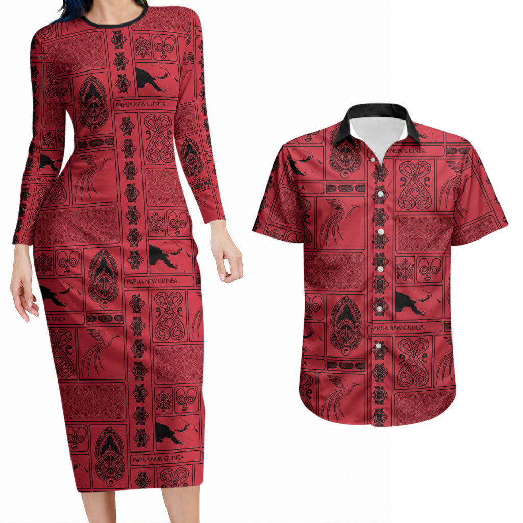 Papua New Guinea Heritage Motif Couples Matching Long Sleeve Bodycon Dress and Hawaiian Shirt Red Version