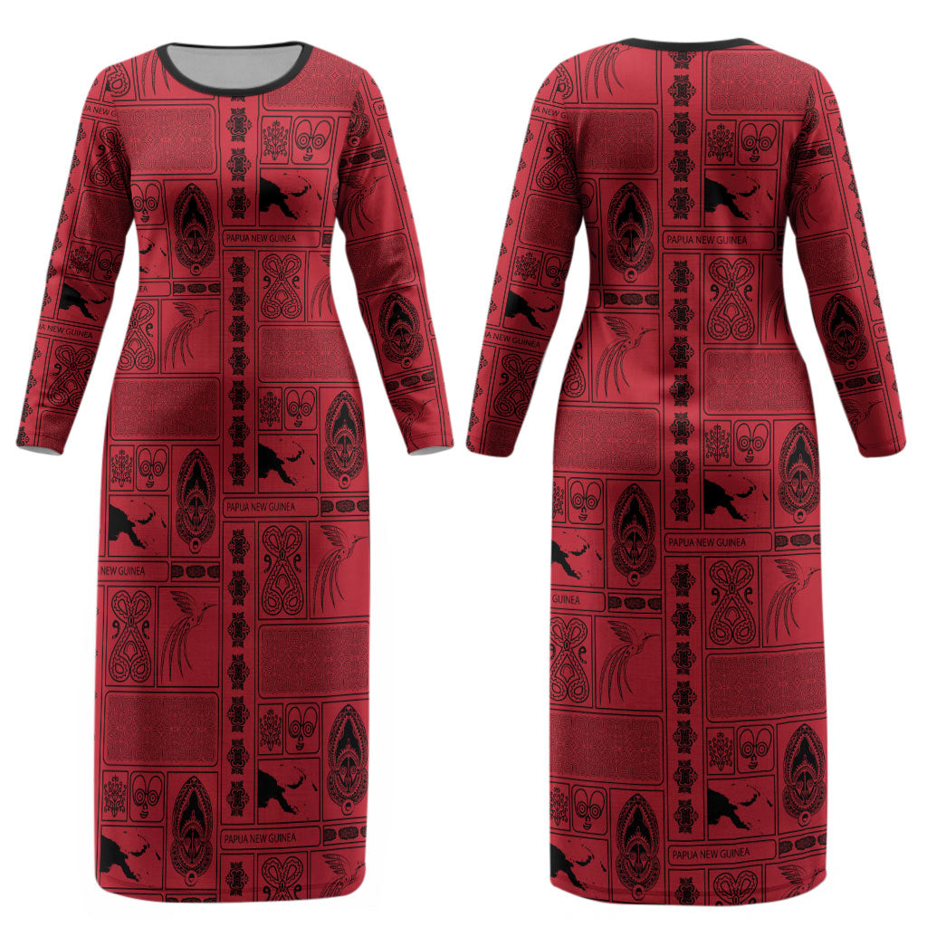 Papua New Guinea Heritage Motif Couples Matching Long Sleeve Bodycon Dress and Hawaiian Shirt Red Version