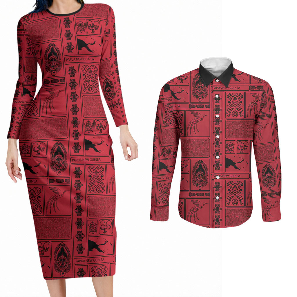 Papua New Guinea Heritage Motif Couples Matching Long Sleeve Bodycon Dress and Long Sleeve Button Shirt Red Version