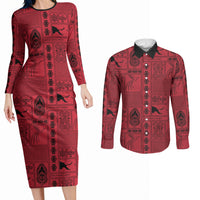 Papua New Guinea Heritage Motif Couples Matching Long Sleeve Bodycon Dress and Long Sleeve Button Shirt Red Version