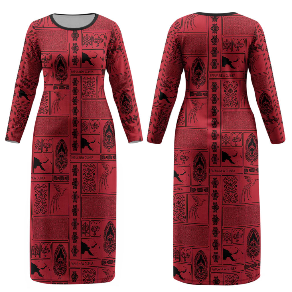 Papua New Guinea Heritage Motif Couples Matching Long Sleeve Bodycon Dress and Long Sleeve Button Shirt Red Version
