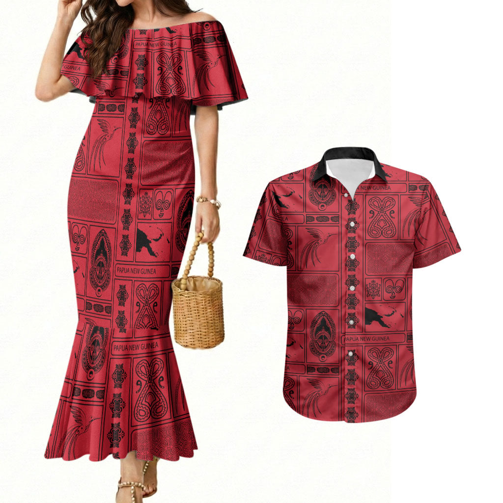 Papua New Guinea Heritage Motif Couples Matching Mermaid Dress and Hawaiian Shirt Red Version LT05 Red - Polynesian Pride