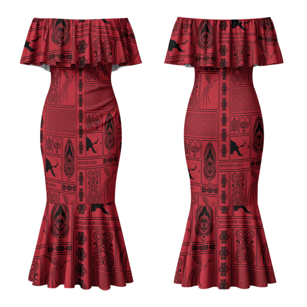 Papua New Guinea Heritage Motif Couples Matching Mermaid Dress and Hawaiian Shirt Red Version