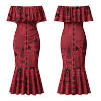 Papua New Guinea Heritage Motif Couples Matching Mermaid Dress and Hawaiian Shirt Red Version