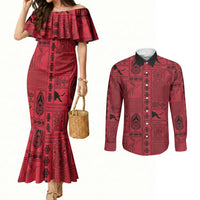 Papua New Guinea Heritage Motif Couples Matching Mermaid Dress and Long Sleeve Button Shirt Red Version