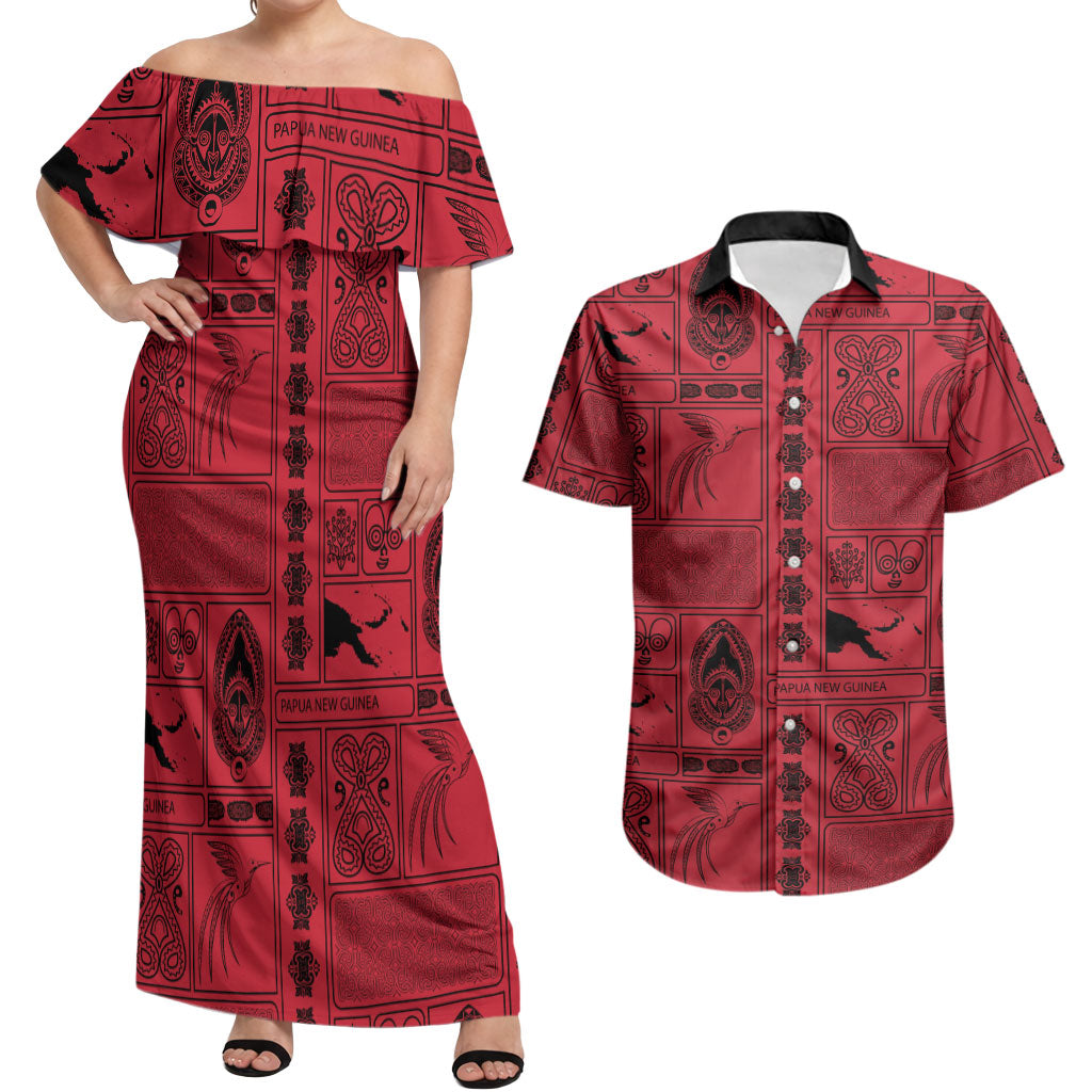 Papua New Guinea Heritage Motif Couples Matching Off Shoulder Maxi Dress and Hawaiian Shirt Red Version