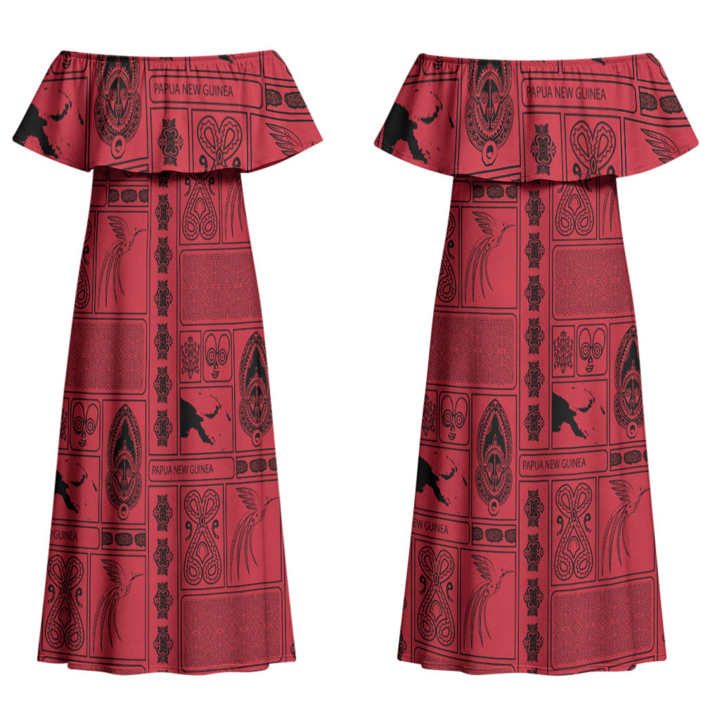 Papua New Guinea Heritage Motif Couples Matching Off Shoulder Maxi Dress and Hawaiian Shirt Red Version