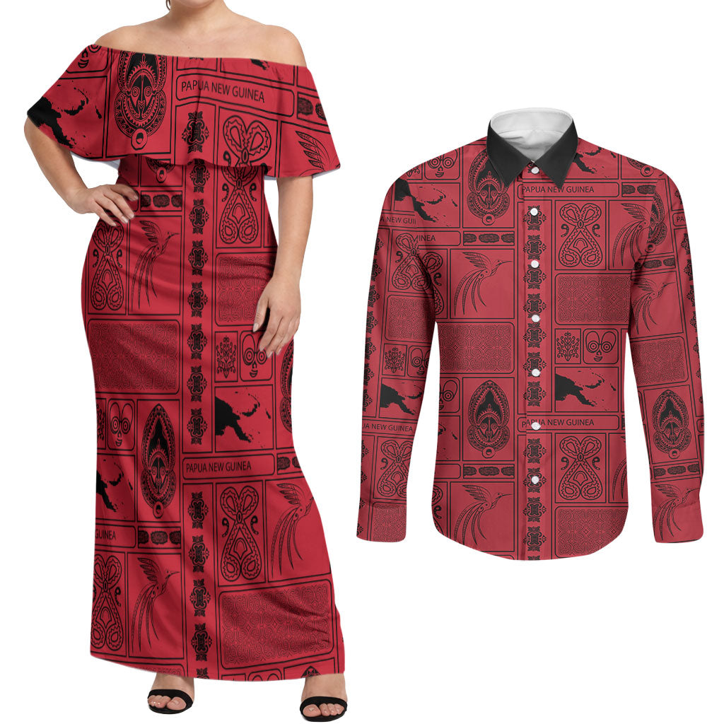 Papua New Guinea Heritage Motif Couples Matching Off Shoulder Maxi Dress and Long Sleeve Button Shirt Red Version