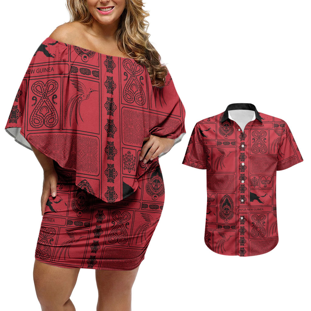 Papua New Guinea Heritage Motif Couples Matching Off Shoulder Short Dress and Hawaiian Shirt Red Version