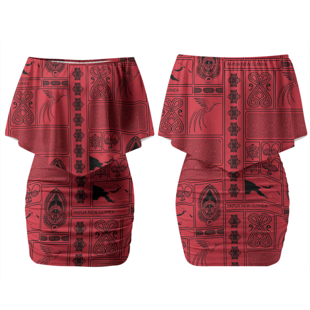 Papua New Guinea Heritage Motif Couples Matching Off Shoulder Short Dress and Hawaiian Shirt Red Version