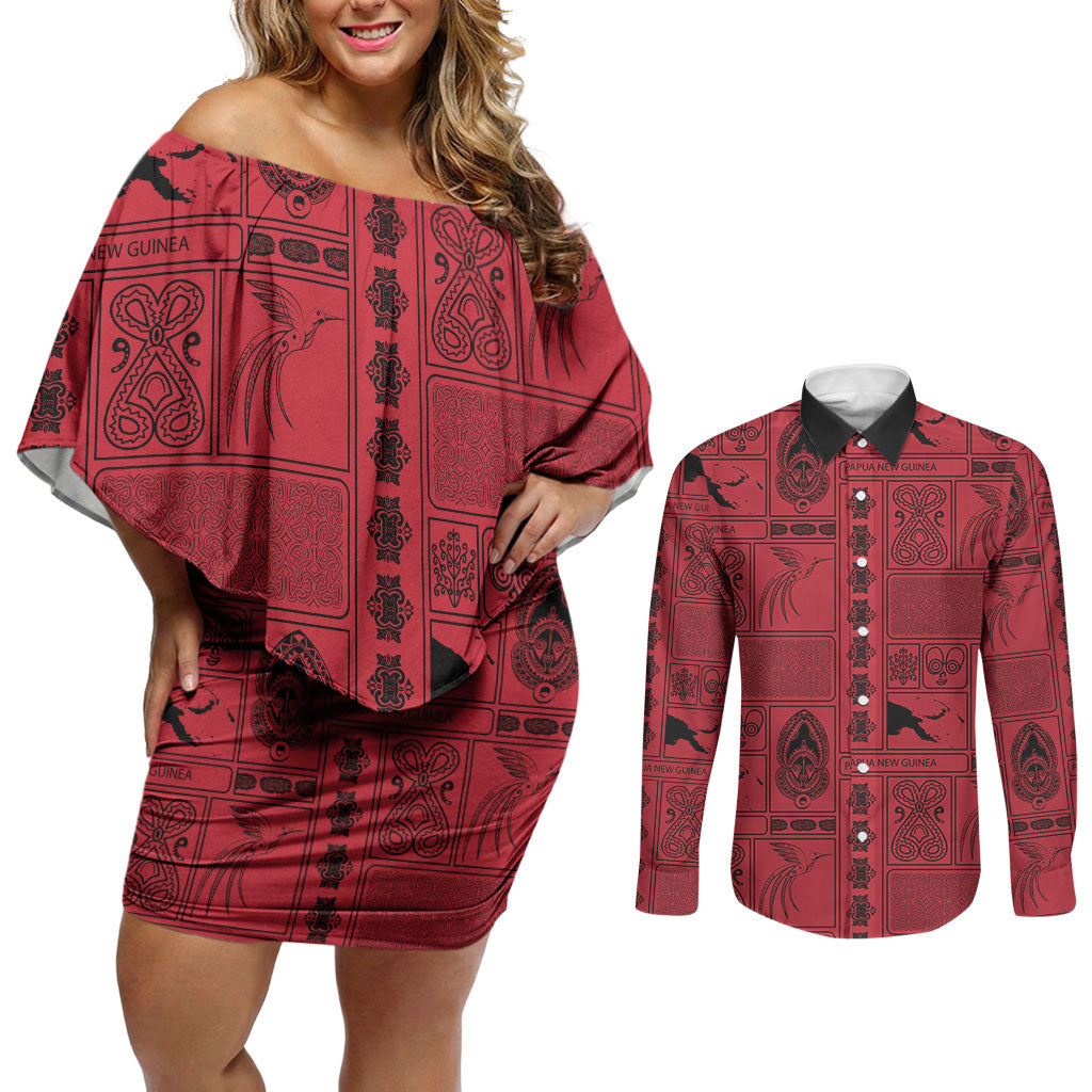 Papua New Guinea Heritage Motif Couples Matching Off Shoulder Short Dress and Long Sleeve Button Shirt Red Version