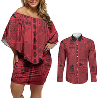 Papua New Guinea Heritage Motif Couples Matching Off Shoulder Short Dress and Long Sleeve Button Shirt Red Version