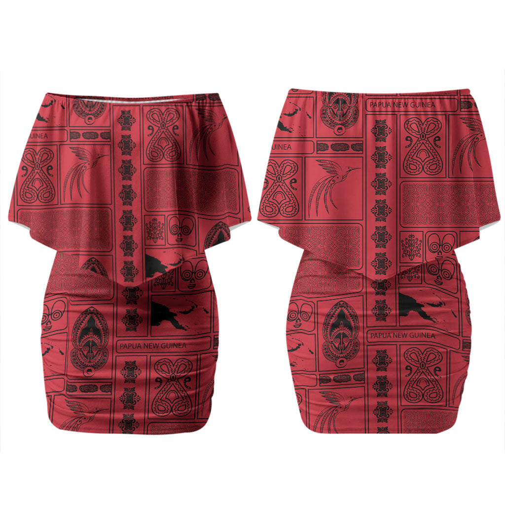 Papua New Guinea Heritage Motif Couples Matching Off Shoulder Short Dress and Long Sleeve Button Shirt Red Version