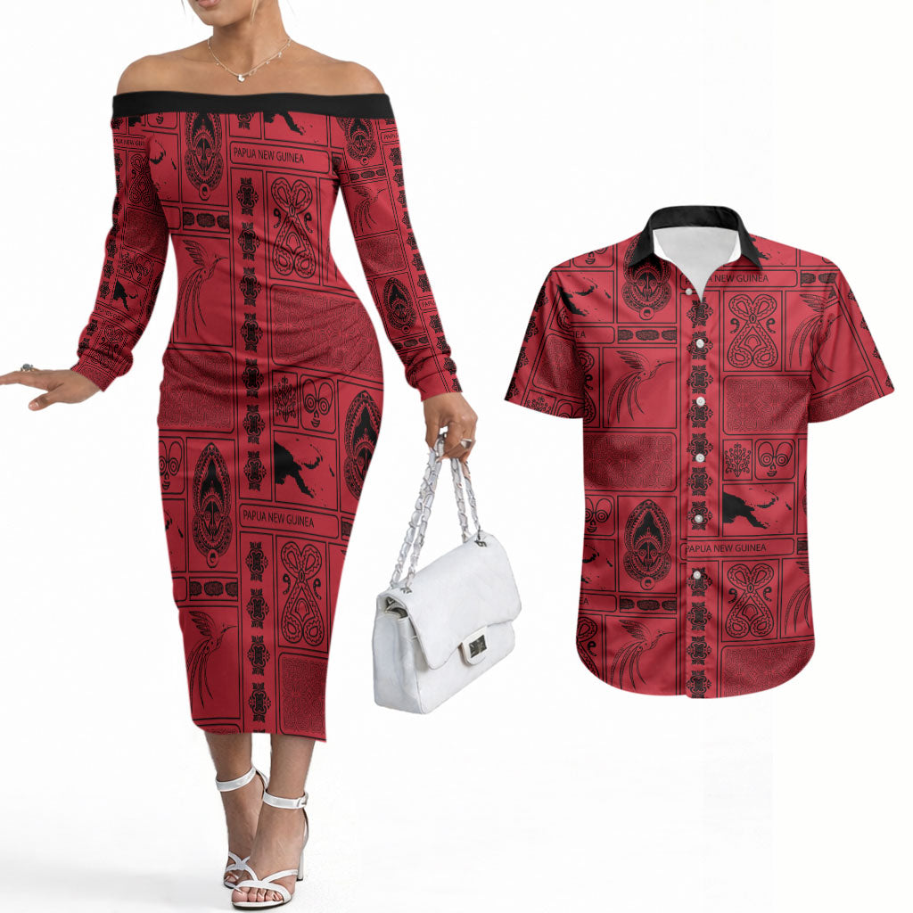 Papua New Guinea Heritage Motif Couples Matching Off The Shoulder Long Sleeve Dress and Hawaiian Shirt Red Version