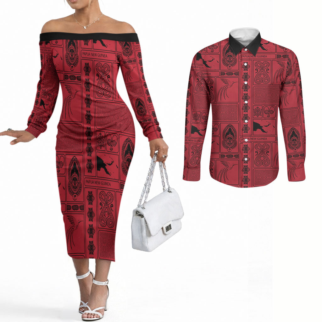 Papua New Guinea Heritage Motif Couples Matching Off The Shoulder Long Sleeve Dress and Long Sleeve Button Shirt Red Version