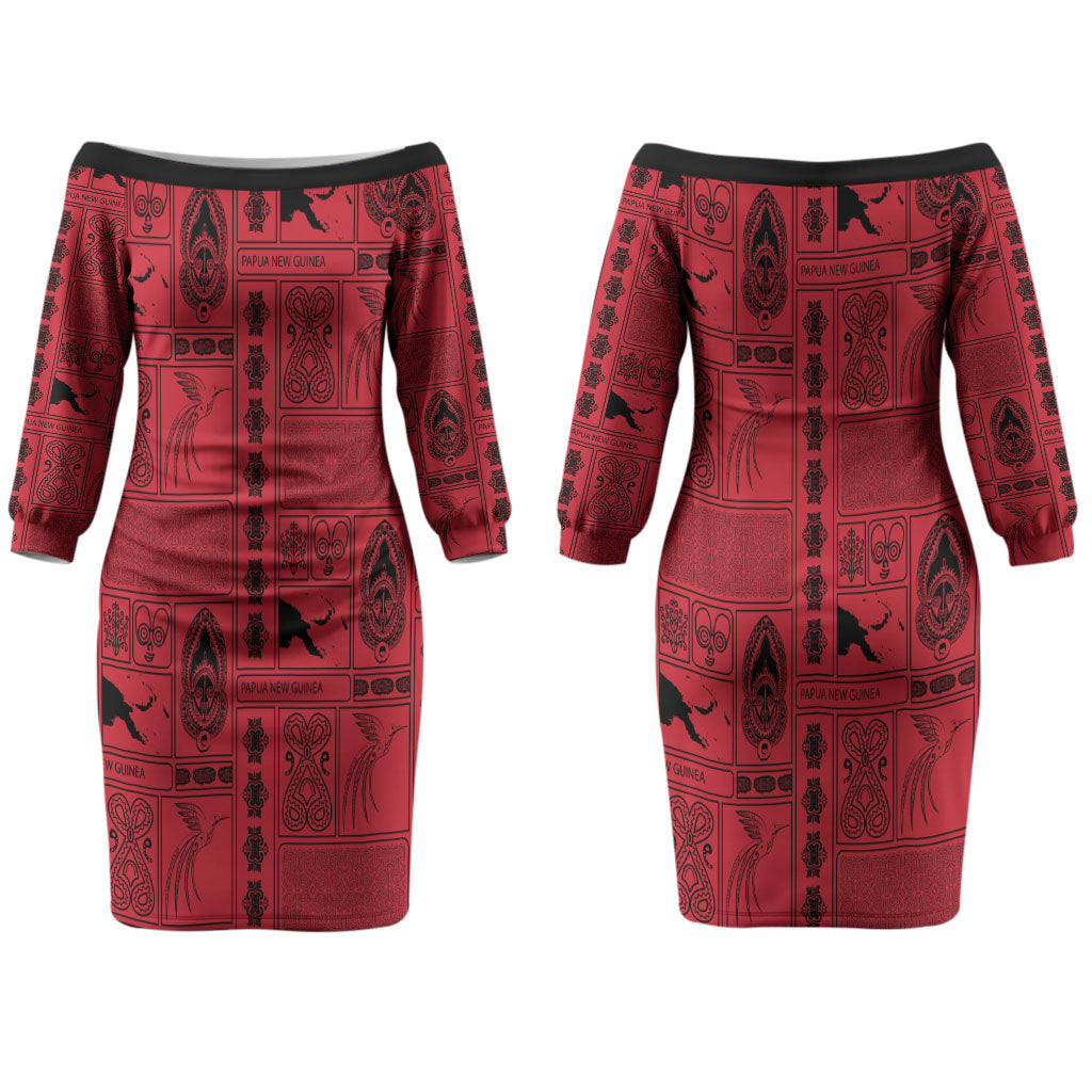 Papua New Guinea Heritage Motif Couples Matching Off The Shoulder Long Sleeve Dress and Long Sleeve Button Shirt Red Version