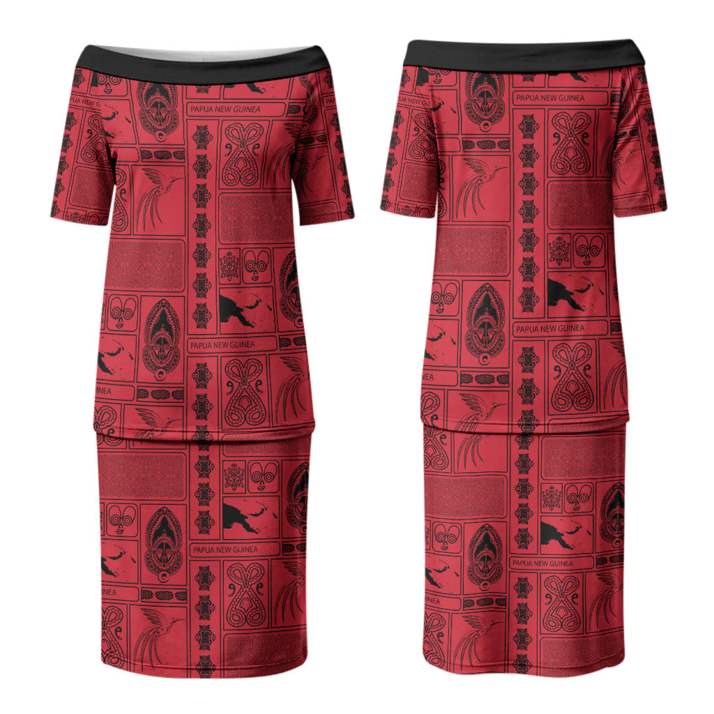 Papua New Guinea Heritage Motif Couples Matching Puletasi and Hawaiian Shirt Red Version