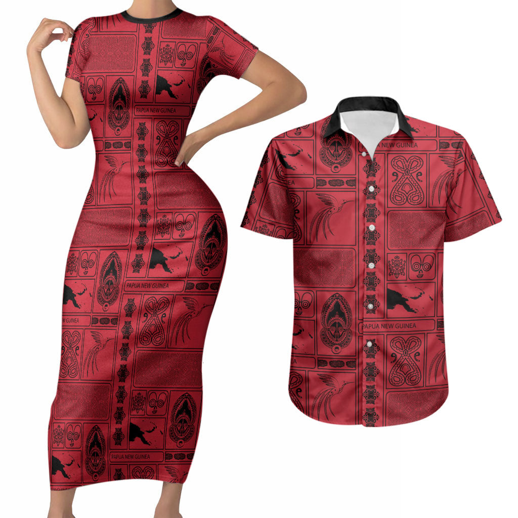Papua New Guinea Heritage Motif Couples Matching Short Sleeve Bodycon Dress and Hawaiian Shirt Red Version LT05 Red - Polynesian Pride