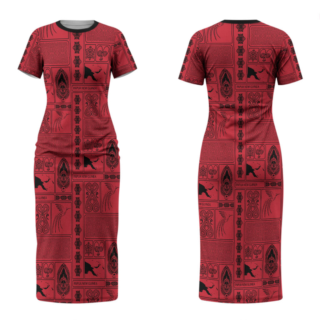 Papua New Guinea Heritage Motif Couples Matching Short Sleeve Bodycon Dress and Hawaiian Shirt Red Version