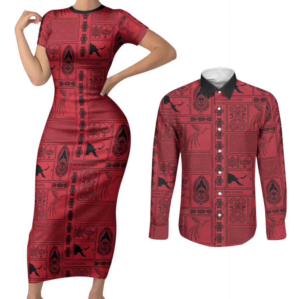 Papua New Guinea Heritage Motif Couples Matching Short Sleeve Bodycon Dress and Long Sleeve Button Shirt Red Version LT05 Red - Polynesian Pride