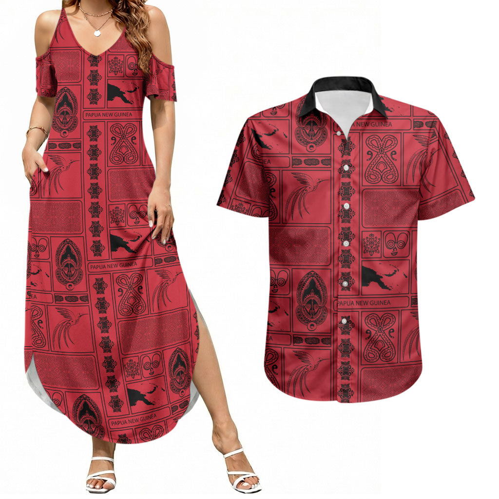 Papua New Guinea Heritage Motif Couples Matching Summer Maxi Dress and Hawaiian Shirt Red Version