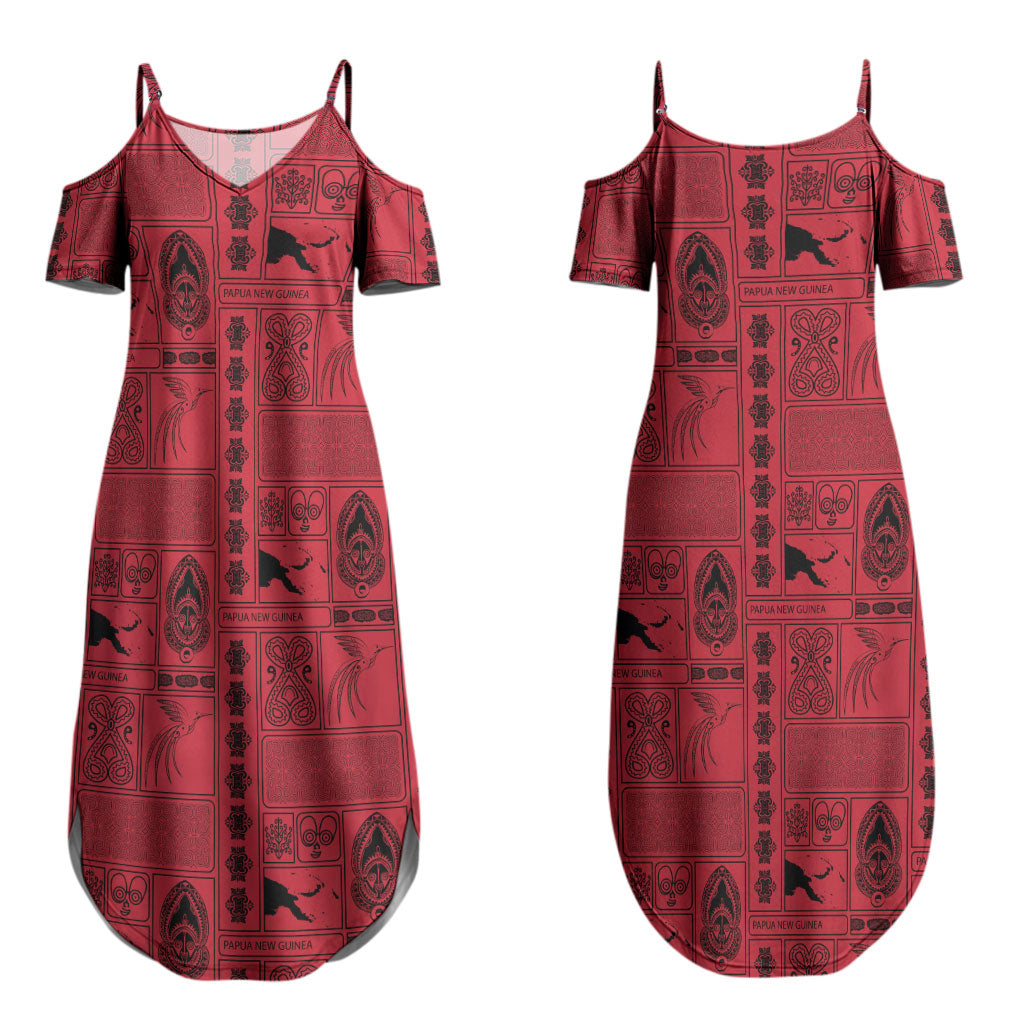 Papua New Guinea Heritage Motif Couples Matching Summer Maxi Dress and Long Sleeve Button Shirt Red Version