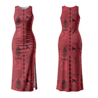 Papua New Guinea Heritage Motif Couples Matching Tank Maxi Dress and Long Sleeve Button Shirt Red Version