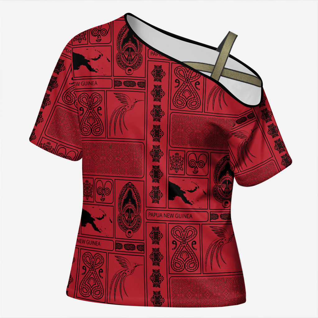 Papua New Guinea Heritage Motif Cross Shoulder Shirt Red Version