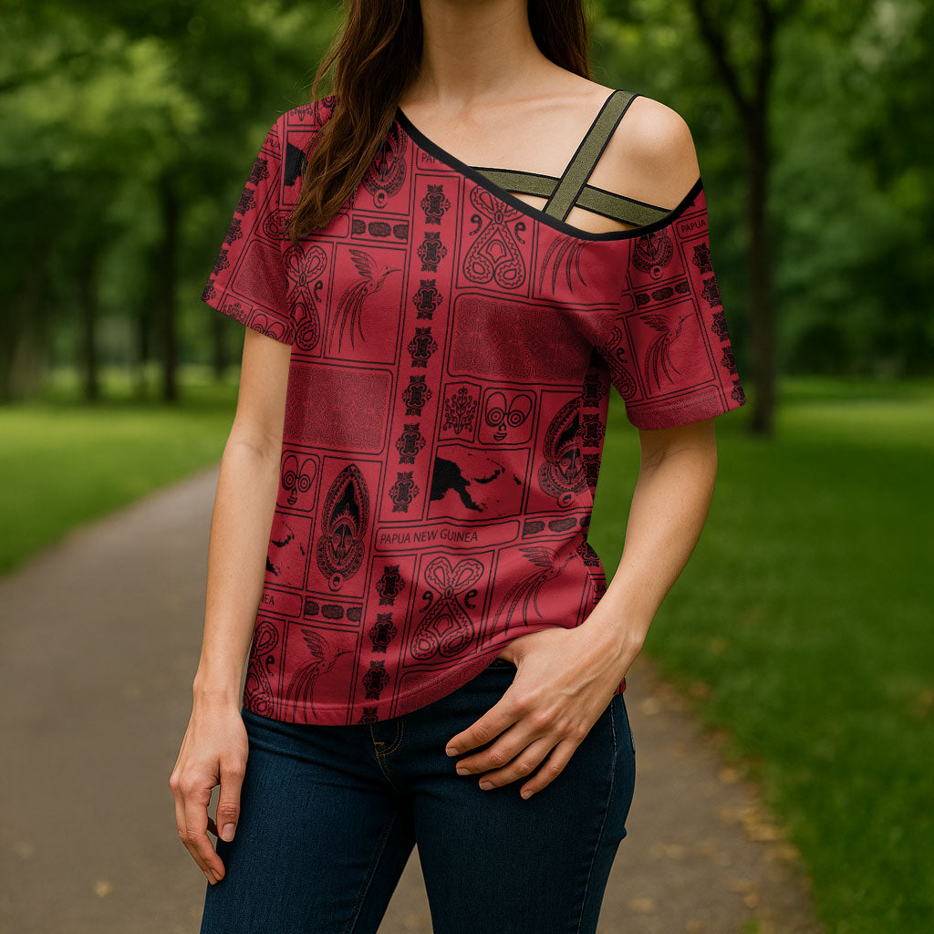 Papua New Guinea Heritage Motif Cross Shoulder Shirt Red Version