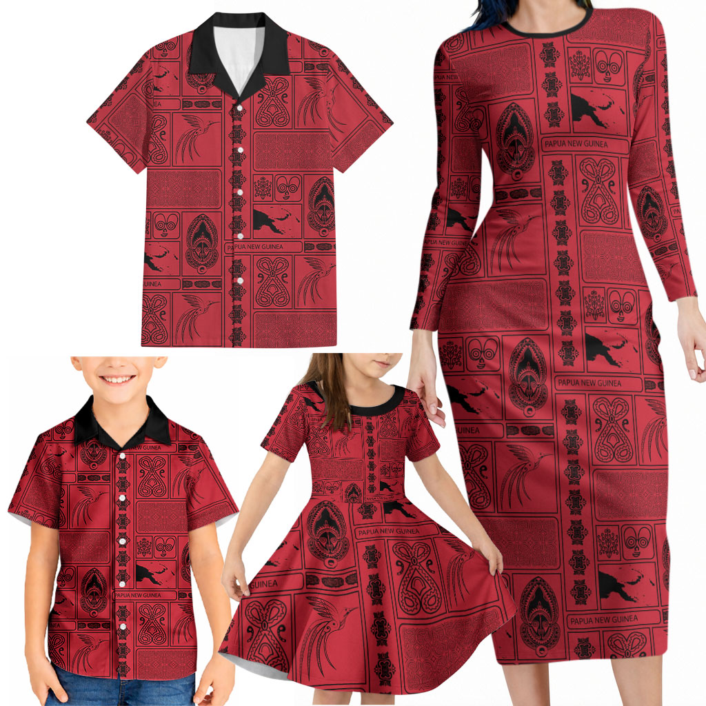 Papua New Guinea Heritage Motif Family Matching Long Sleeve Bodycon Dress and Hawaiian Shirt Red Version