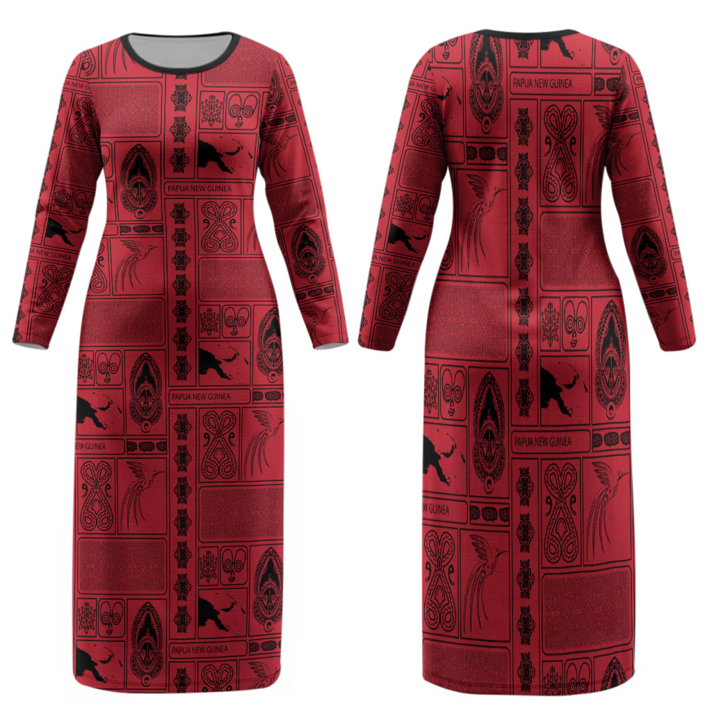 Papua New Guinea Heritage Motif Family Matching Long Sleeve Bodycon Dress and Hawaiian Shirt Red Version