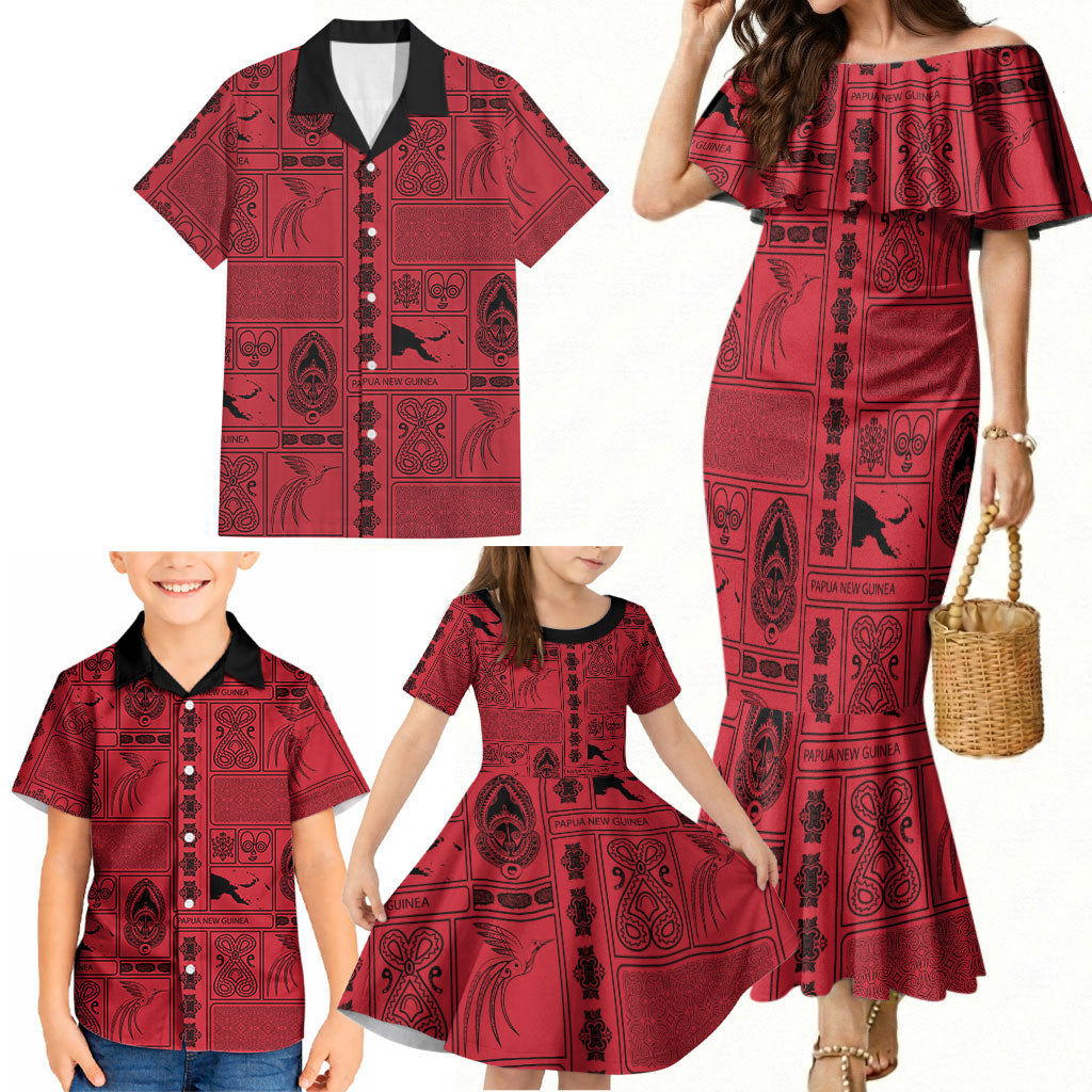 Papua New Guinea Heritage Motif Family Matching Mermaid Dress and Hawaiian Shirt Red Version