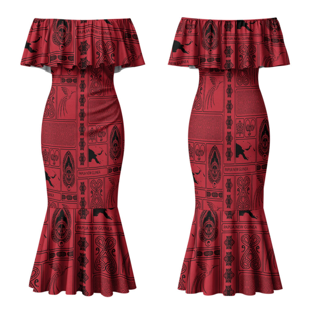 Papua New Guinea Heritage Motif Family Matching Mermaid Dress and Hawaiian Shirt Red Version