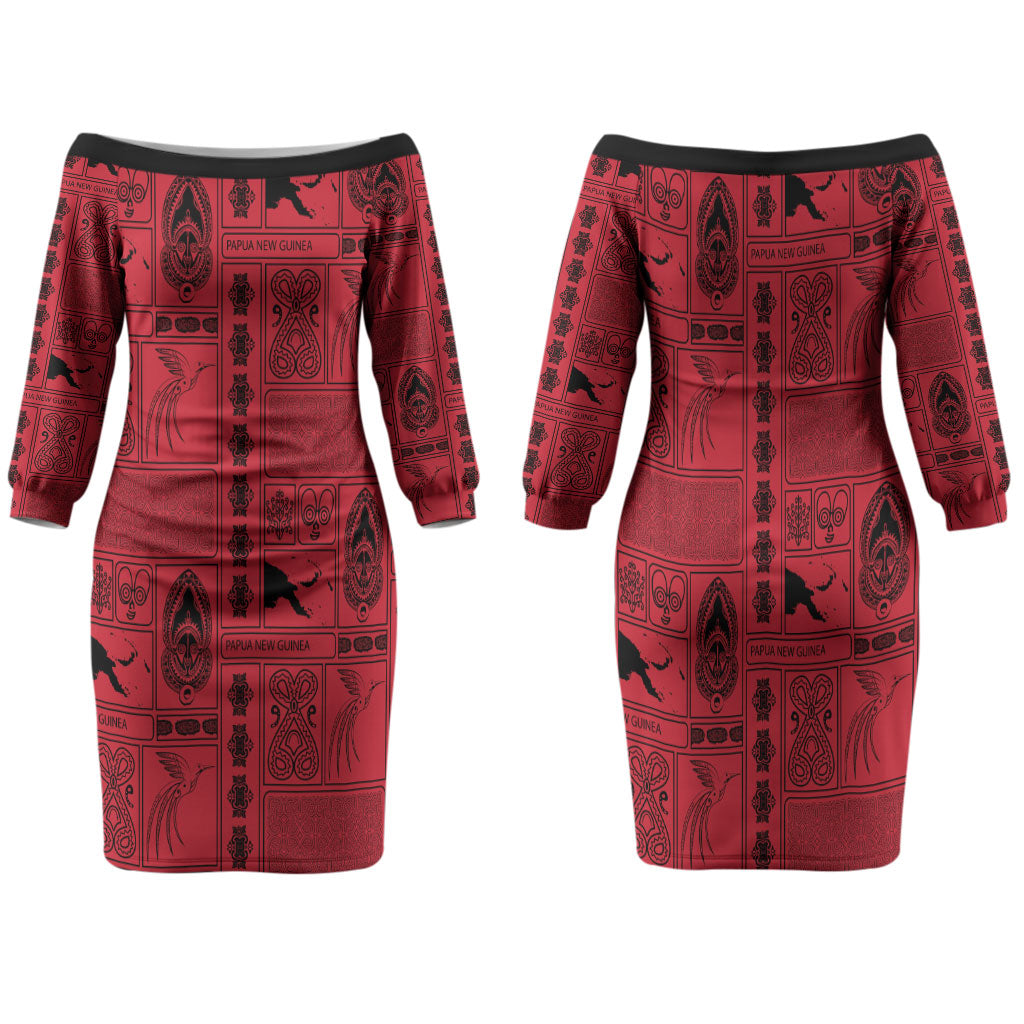 Papua New Guinea Heritage Motif Family Matching Off The Shoulder Long Sleeve Dress and Hawaiian Shirt Red Version