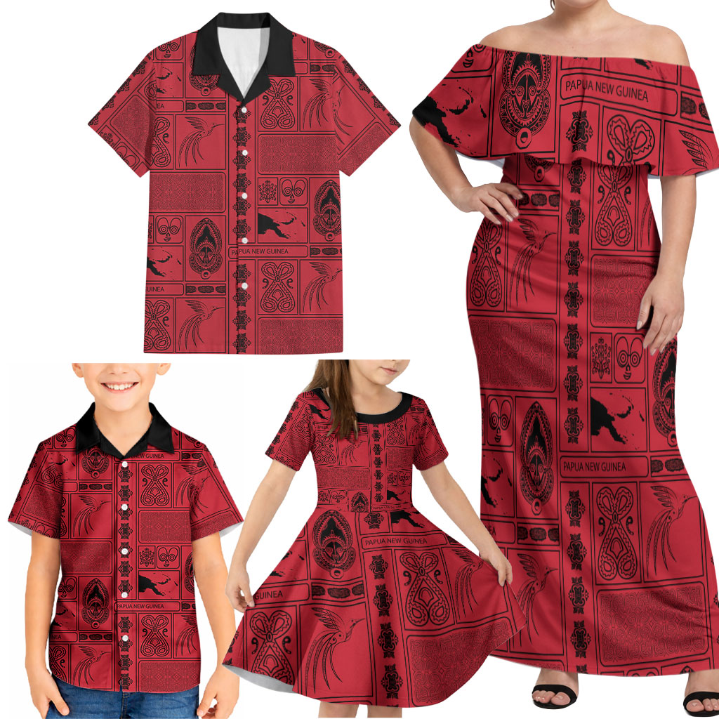 Papua New Guinea Heritage Motif Family Matching Off Shoulder Maxi Dress and Hawaiian Shirt Red Version LT05 - Polynesian Pride