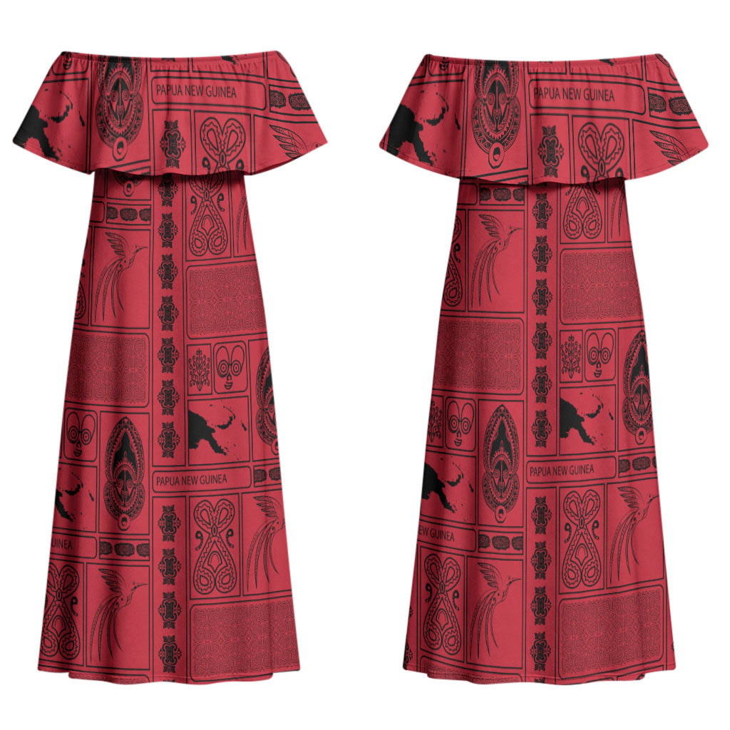 Papua New Guinea Heritage Motif Family Matching Off Shoulder Maxi Dress and Hawaiian Shirt Red Version