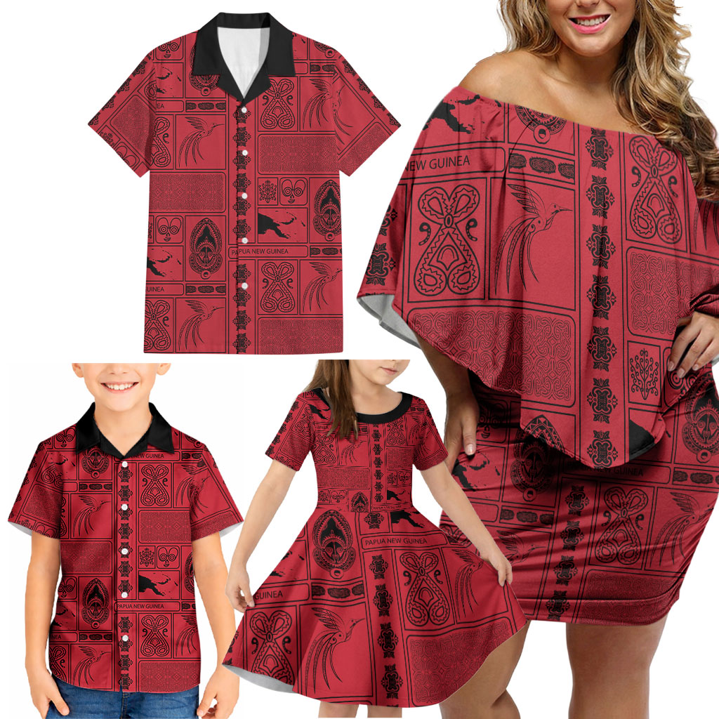 Papua New Guinea Heritage Motif Family Matching Off Shoulder Short Dress and Hawaiian Shirt Red Version