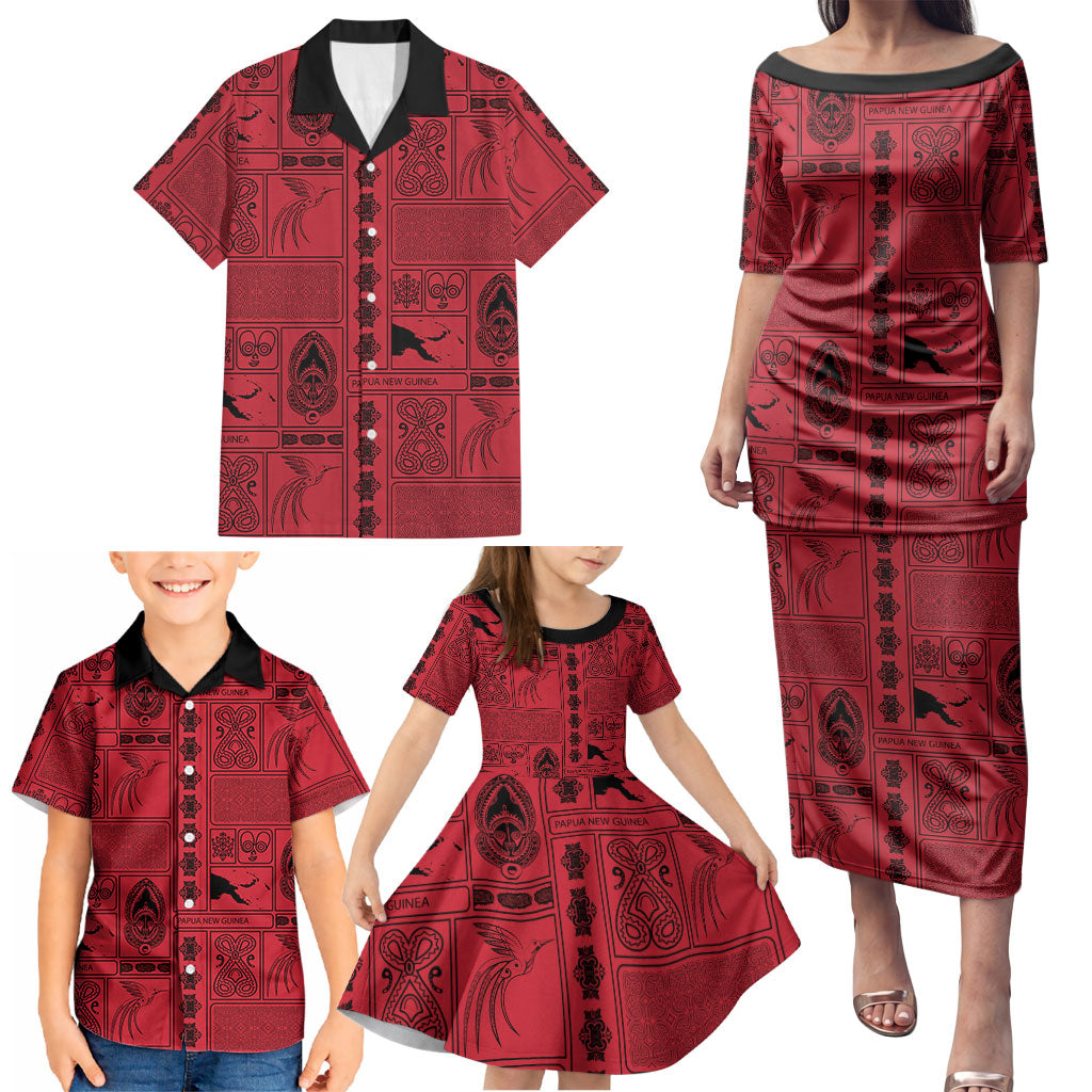 Papua New Guinea Heritage Motif Family Matching Puletasi and Hawaiian Shirt Red Version