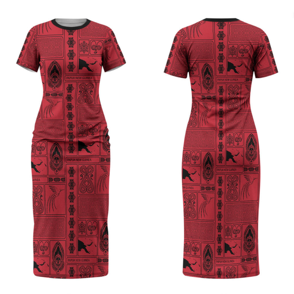 Papua New Guinea Heritage Motif Family Matching Short Sleeve Bodycon Dress and Hawaiian Shirt Red Version