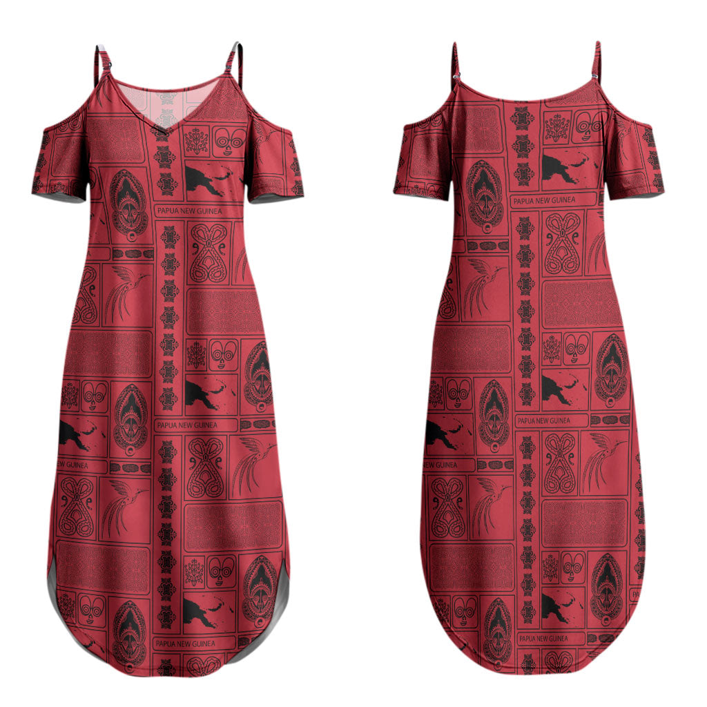 Papua New Guinea Heritage Motif Family Matching Summer Maxi Dress and Hawaiian Shirt Red Version