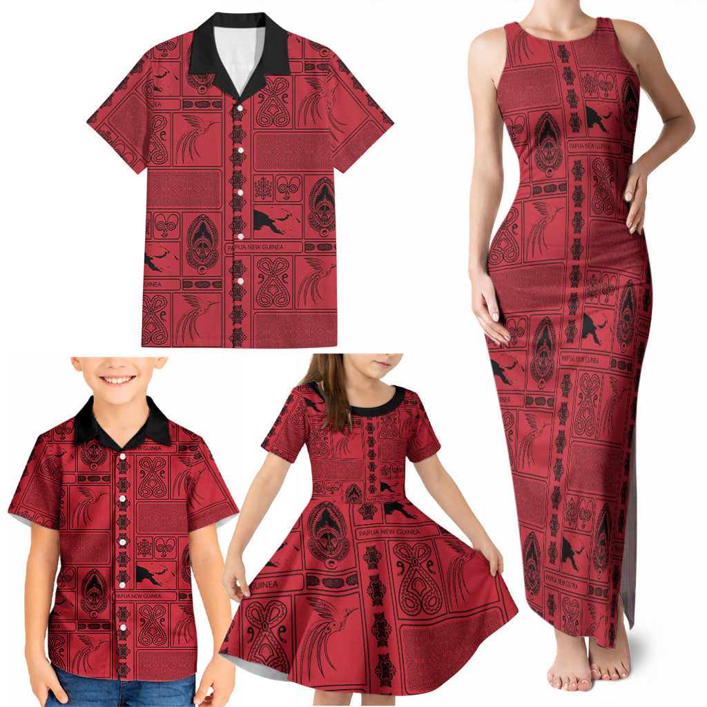 Papua New Guinea Heritage Motif Family Matching Tank Maxi Dress and Hawaiian Shirt Red Version LT05 - Polynesian Pride
