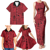 Papua New Guinea Heritage Motif Family Matching Tank Maxi Dress and Hawaiian Shirt Red Version