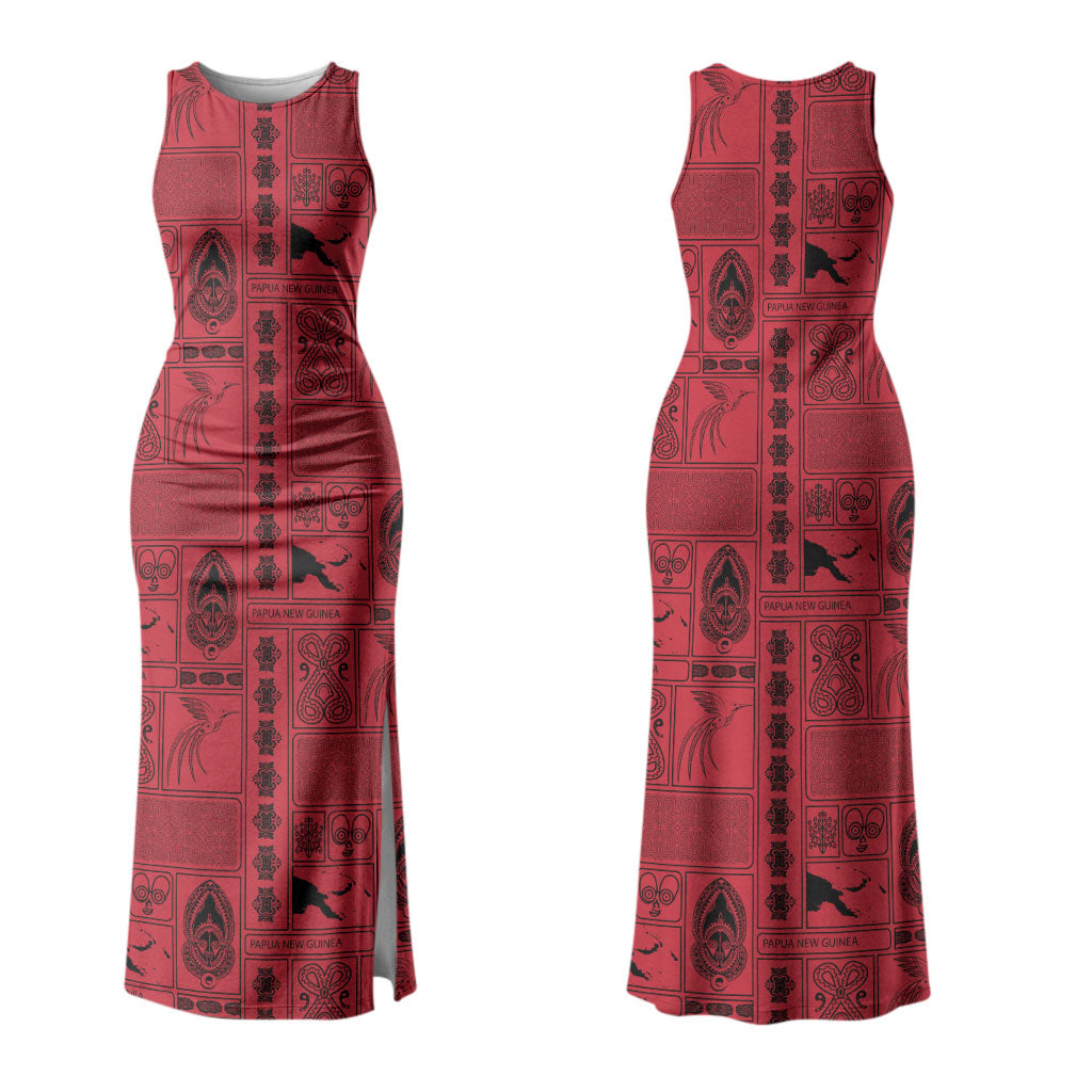 Papua New Guinea Heritage Motif Family Matching Tank Maxi Dress and Hawaiian Shirt Red Version