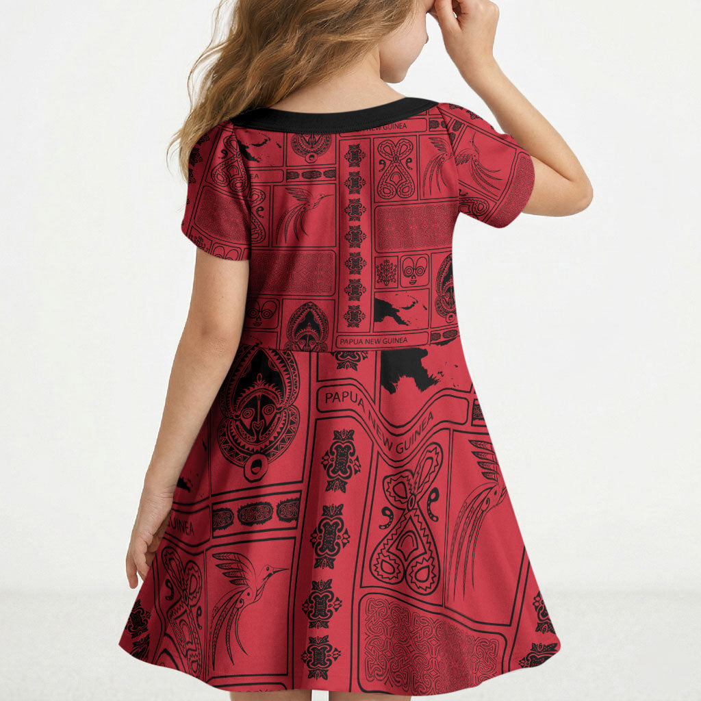 Papua New Guinea Heritage Motif Kid Short Sleeve Dress Red Version
